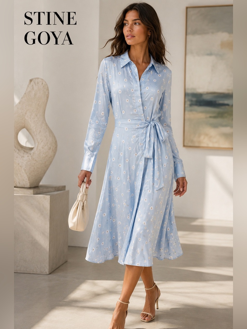 STINE GOYA Pale Blue Daisy Print Button-Front,Side-Wrap Midi Dress,EUC,Size 6 - Picture 2 of 8